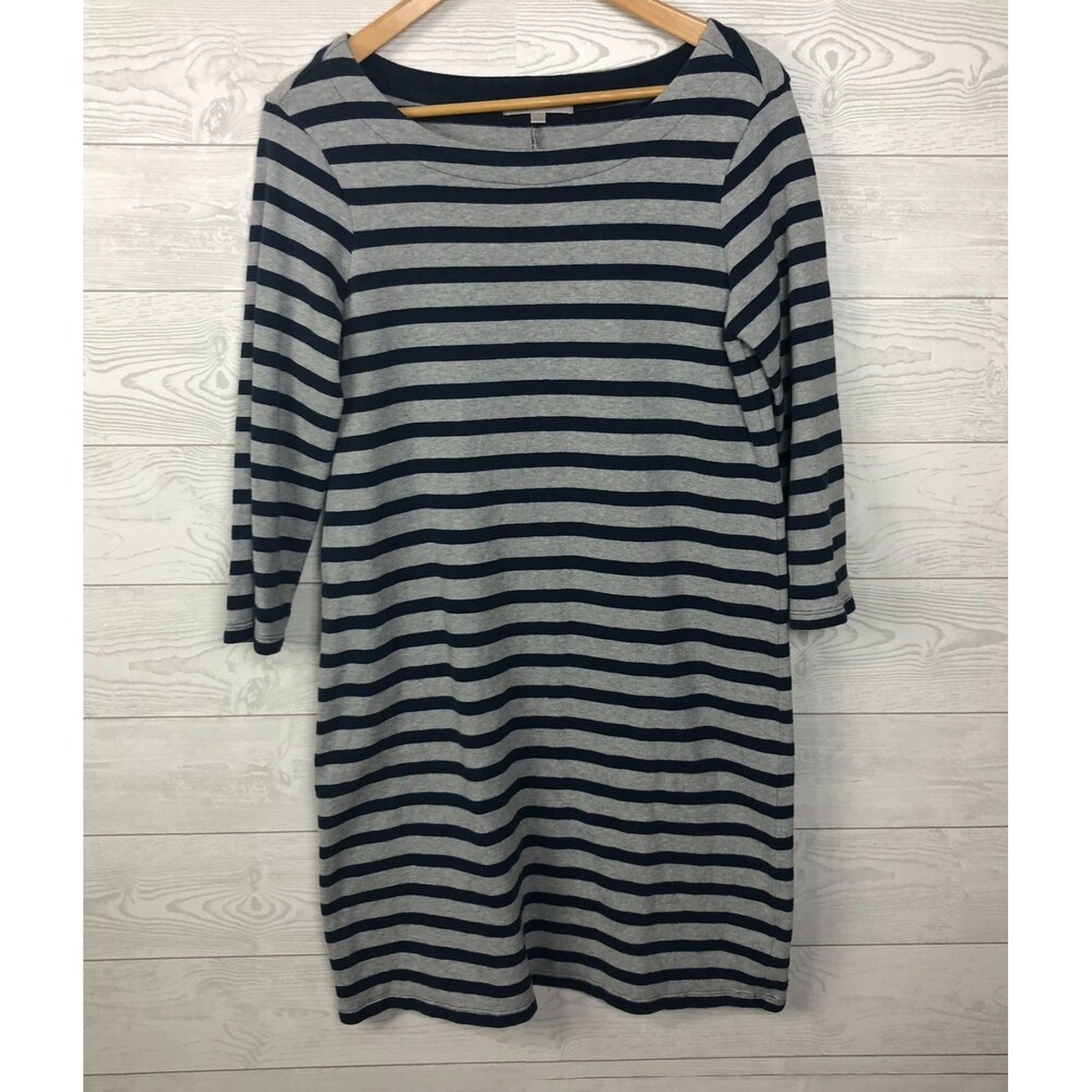 Gap Women's Medium Striped Shift Dress 3/4 Sleeve Navy Blue Gray 100% Cotton